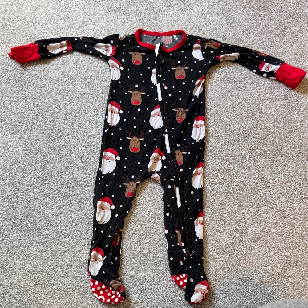 Kids Black Santa & Reindeer Footed One-Piece Pajamas with Red Trim